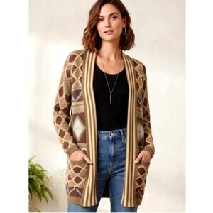 ENTRO Boho Brown & Tan Long Open Cardigan Draped Sweater size Medium